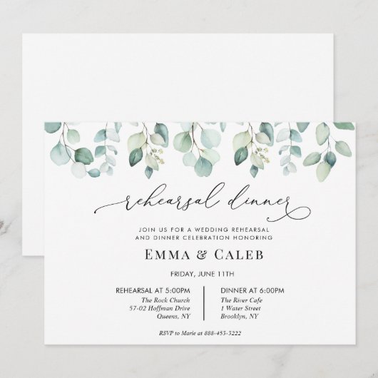 Eucalyptus groen kalligrafie repetitie diner kaart (Voorkant / Achterkant)