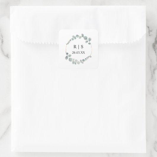 Eucalyptus groen krans minimale bruiloft gunst vierkante sticker (Tas)