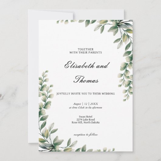 Eucalyptus groen laat elegante bruiloft achter kaart (Voorkant)