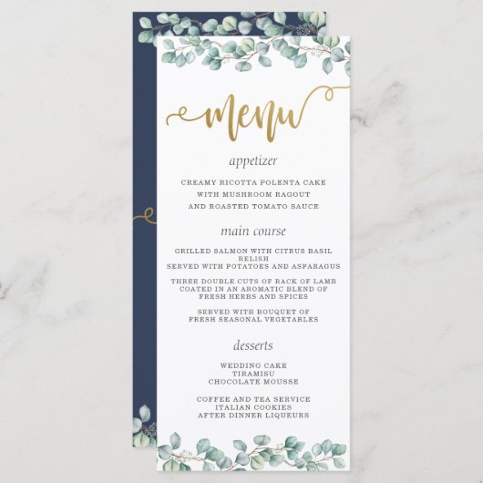 Eucalyptus groen laat gouden bruiloft menu (Voorkant / Achterkant)