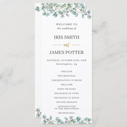 Eucalyptus groen laat gouden bruiloft programma programmakaart (Voorkant / Achterkant)