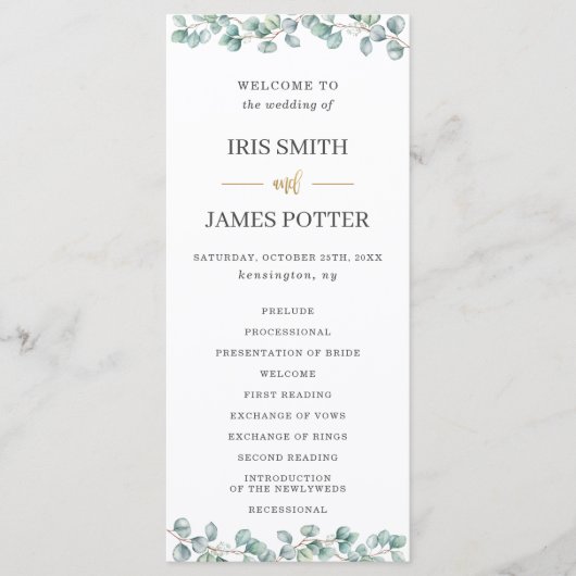 Eucalyptus groen laat gouden bruiloft programma programmakaart (Voorkant)