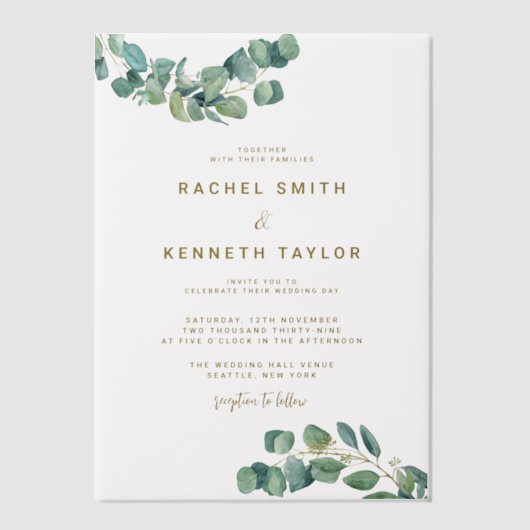 Eucalyptus groen laat minimalistische rustieke bru vellum uitnodigingen (Voorkant)