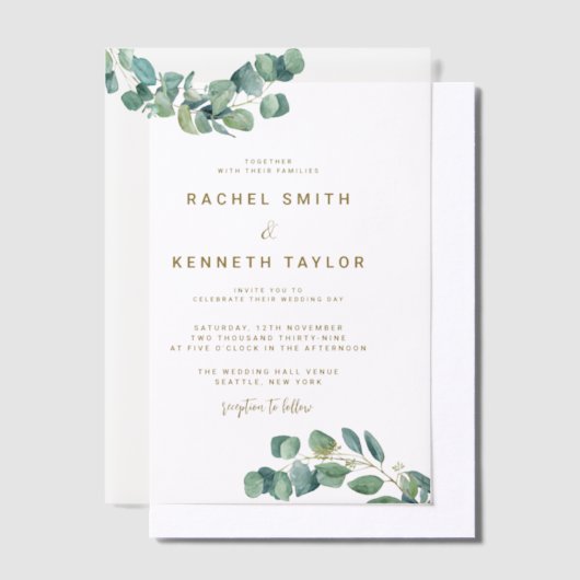 Eucalyptus groen laat minimalistische rustieke bru vellum uitnodigingen (Offset)