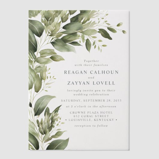 Eucalyptus groen laat moderne bruiloft vellum uitnodigingen (Voorkant)