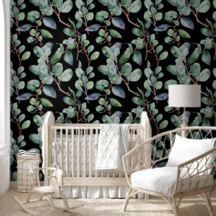 Eucalyptus groen laat zwart aangepaste kleur koel behang