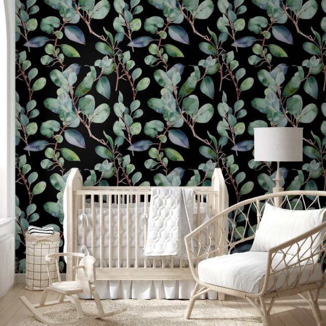 Eucalyptus groen laat zwart aangepaste kleur koel behang (Kinderen)