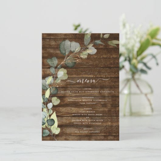 Eucalyptus groen land rustiek hout menu (Staand voorkant)
