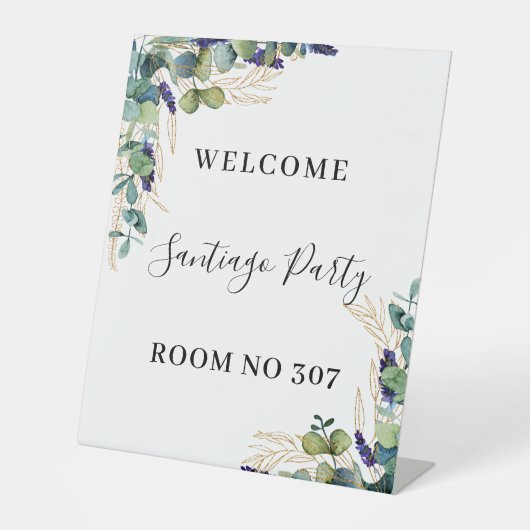 Eucalyptus groen lavendel welkomstkamernummer reclamebord met voetstuk (Voorkant)