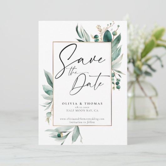 Eucalyptus groen Lijst moderne Romance bruiloft Save The Date (Staand voorkant)