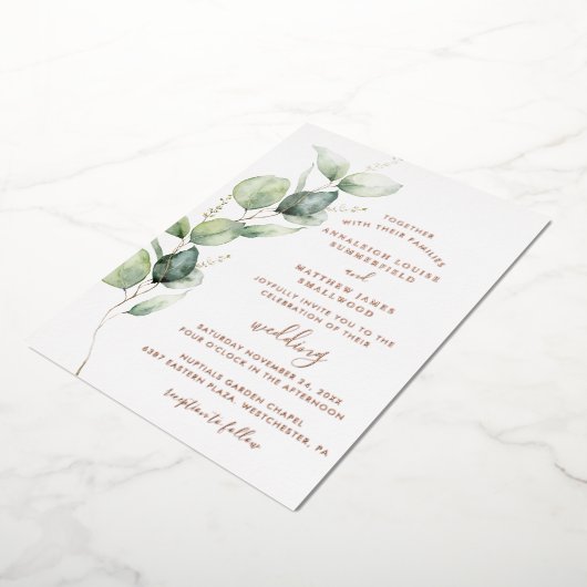 Eucalyptus groen loof bruiloft Roos goud Folie Uitnodiging (Gedraaid)