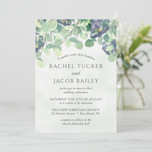 Eucalyptus groen marine blauw bloemenbruiloft kaart (Staand voorkant)