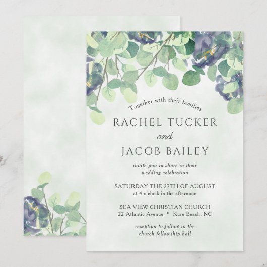 Eucalyptus groen marine blauw bloemenbruiloft kaart (Voorkant / Achterkant)