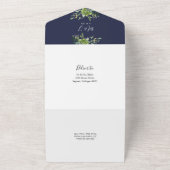 Eucalyptus groen marine blauw monogram bruiloft all in one uitnodiging (Buitenkant)