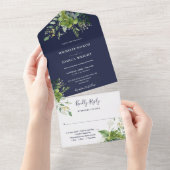 Eucalyptus groen marine blauw monogram bruiloft all in one uitnodiging (Afscheurbaar)