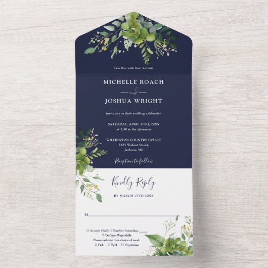 Eucalyptus groen marine blauw monogram bruiloft all in one uitnodiging (Binnen)