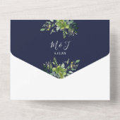 Eucalyptus groen marine blauw monogram bruiloft all in one uitnodiging (Achterkant)