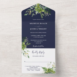 Eucalyptus groen marine blauw monogram bruiloft all in one uitnodiging
