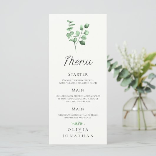 Eucalyptus groen minimalistisch huwelijksmenu menu (Staand voorkant)
