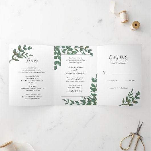 Eucalyptus groen minimalistische elegante bruiloft drieluik uitnodiging (Binnen)