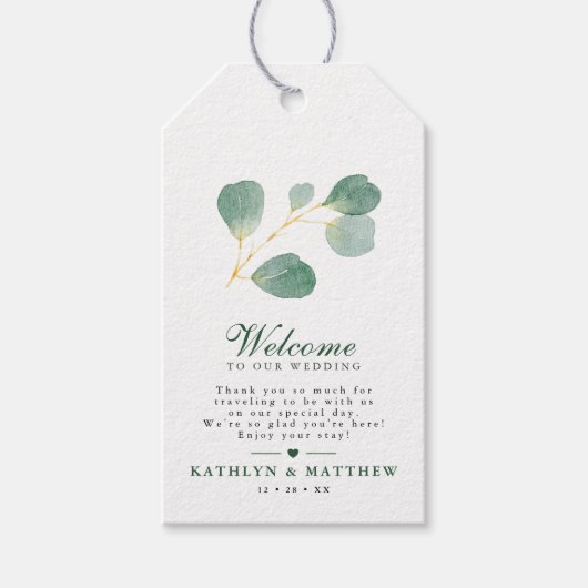 Eucalyptus groen modern elegant bruiloft welkom cadeaulabel (Voorkant)