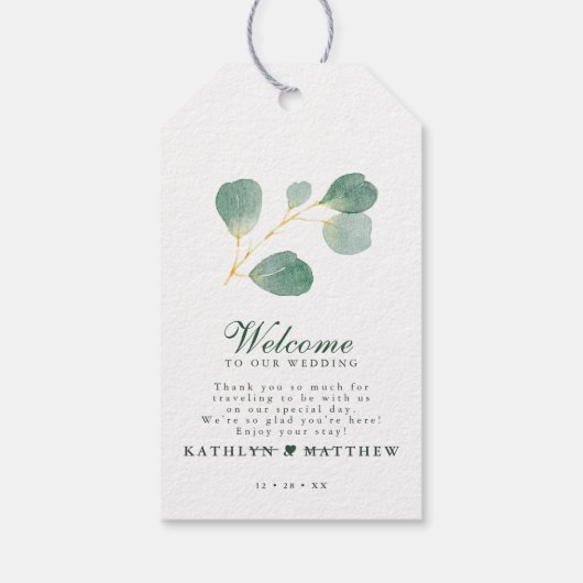 Eucalyptus groen modern elegant bruiloft welkom cadeaulabel (Achterkant)