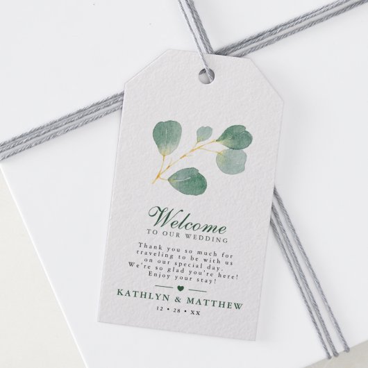 Eucalyptus groen modern elegant bruiloft welkom cadeaulabel