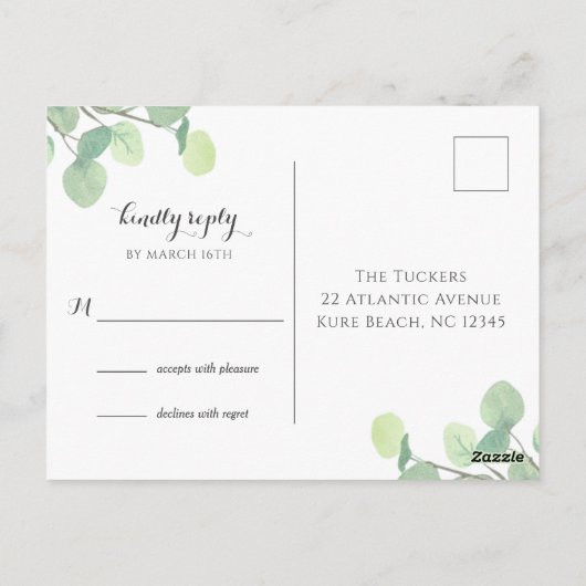 Eucalyptus groen modern script bruiloft RSVP Briefkaart (Achterkant)