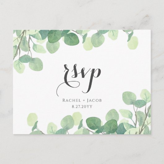 Eucalyptus groen modern script bruiloft RSVP Briefkaart (Voorkant)