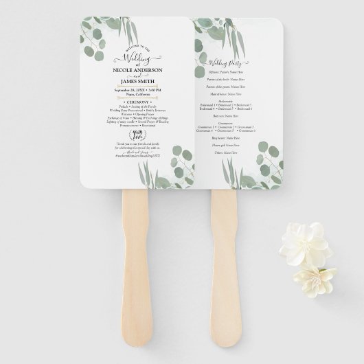 Eucalyptus groen moderne chic huwelijksprogramma handwaaier (Voorkant en achterkant)