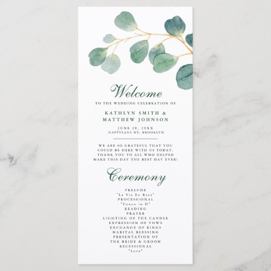 Eucalyptus groen moderne elegante zomer bruiloft programmakaart (Voorkant)