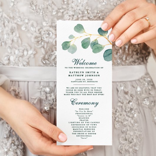 Eucalyptus groen moderne elegante zomer bruiloft programmakaart