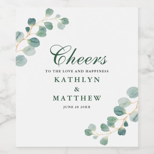 Eucalyptus groen moderne elegante zomer bruiloft wijn etiket (Enkel label)