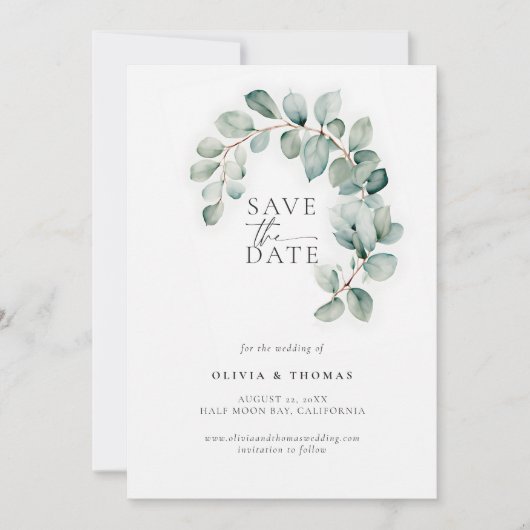Eucalyptus groen moderne krans elegante bruiloft save the date (Voorkant)