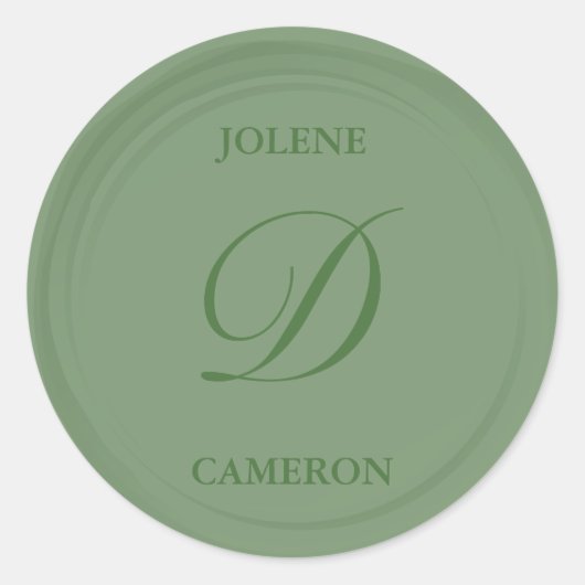 Eucalyptus Groen Monogram Faux Wax Bruiloft Ronde Sticker (Voorkant)