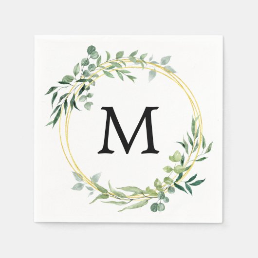 Eucalyptus groen monogram goud groen bruiloft servet (Voorkant)