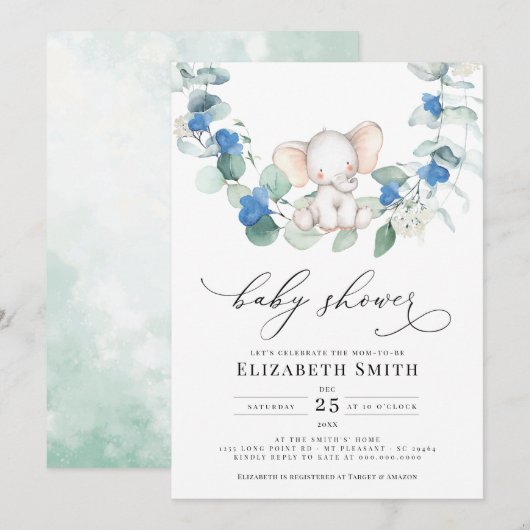 Eucalyptus groen olifant blauw baby jongen douche kaart (Voorkant / Achterkant)