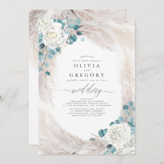 Eucalyptus groen pampas gras exotische bruiloft kaart (Voorkant / Achterkant)