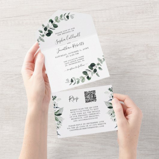Eucalyptus groen QR code RSVP Witte Bruiloft All In One Uitnodiging (Afscheurbaar)