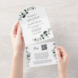 Eucalyptus groen QR code RSVP Witte Bruiloft All In One Uitnodiging