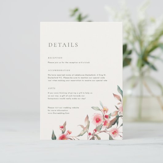 Eucalyptus groen & roze bloemen bruiloft informatiekaartje (Staand voorkant)