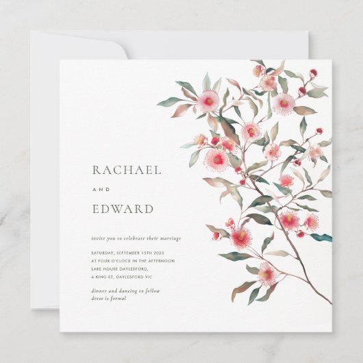 Eucalyptus groen & roze bloemen Bruiloft Kaart (Voorkant)