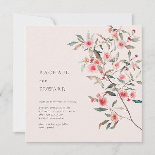 Eucalyptus groen & roze bloemen Bruiloft Kaart (Voorkant)