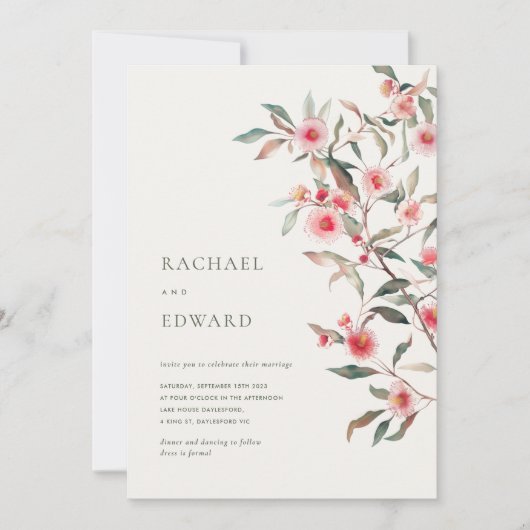 Eucalyptus groen & roze bloemen bruiloft kaart (Voorkant)