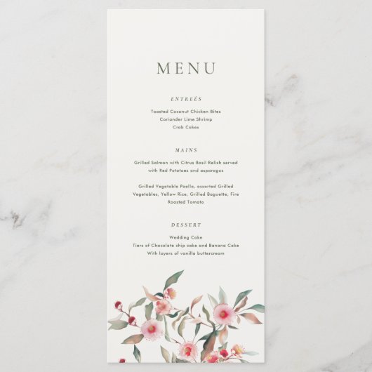 Eucalyptus groen & roze bloemen bruiloft menu (Voorkant)