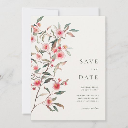 Eucalyptus groen & roze bloemen bruiloft save the date (Voorkant)