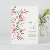 Eucalyptus groen & roze bloemen bruiloft save the date (Staand voorkant)