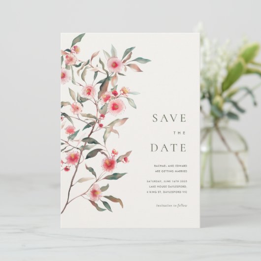 Eucalyptus groen & roze bloemen bruiloft save the date (Staand voorkant)