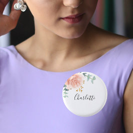 Eucalyptus groen roze gouden bloem naamkaartje ronde button 3,2 cm