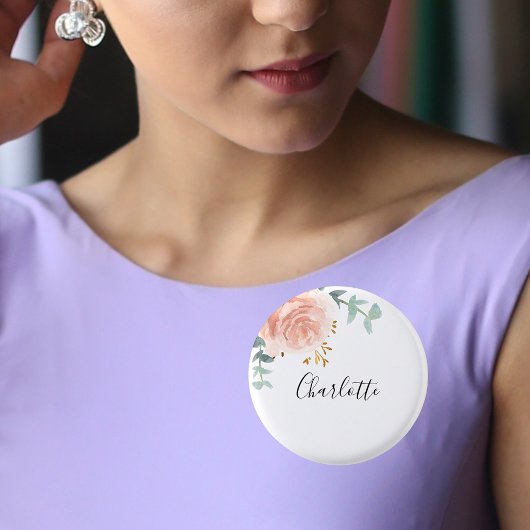 Eucalyptus groen roze gouden bloem naamkaartje ronde button 3,2 cm
